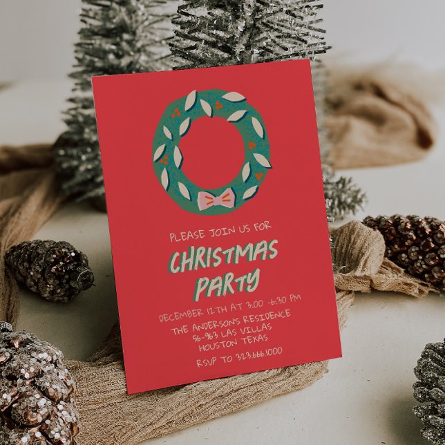 Invitation Illustration Red Green Christmas Bow Wreath Party (Créateur téléchargé)