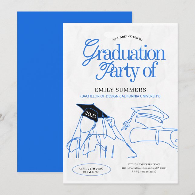 Invitation Illustration simple de la main de Graduation Bleu  (Devant / Derrière)