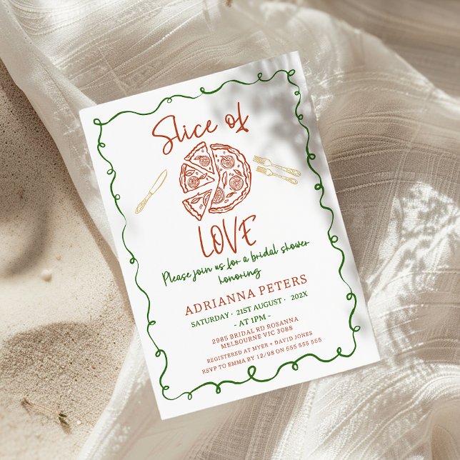 Invitation Illustration Whimsical Slice Of Love Fête des mari (Slice Of Love Bridal Shower Invitation Whimsical Hand Drawn Illustration, Pizza Cutlery Red Green)