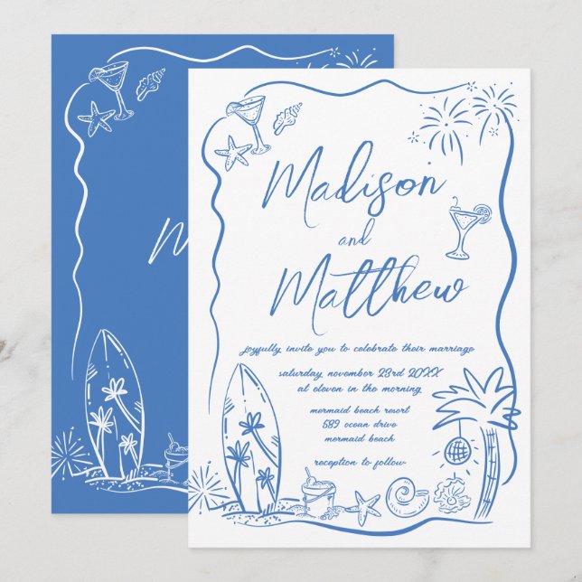 Invitation Illustrations Doodles dessinés à la main Mariage d (Devant / Derrière)
