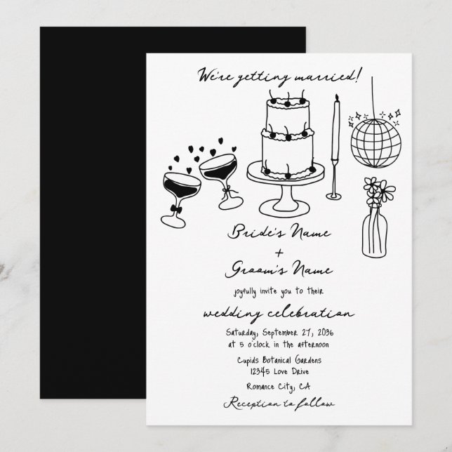 Invitation Illustrations noires dessinées à la main Doodles M (Devant / Derrière)