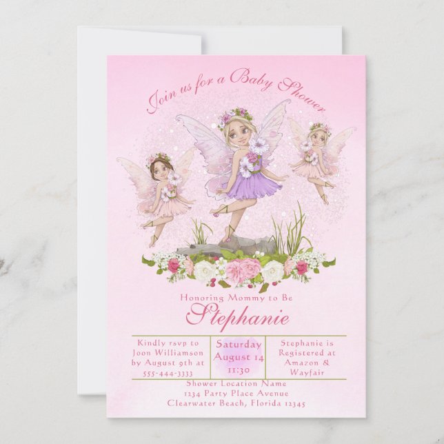 Invitation Illustrations roses Baby showers de fées (Devant)