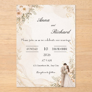 Invitation Illustrée Couple & Fleurs Roses Clair