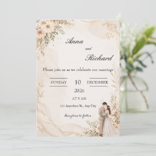 Invitation Illustrée Couple & Fleurs Roses Clair