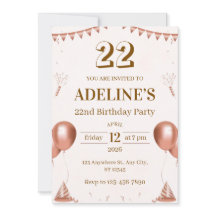 Invitation illustrée d'anniversaire 22 ans Rose Go