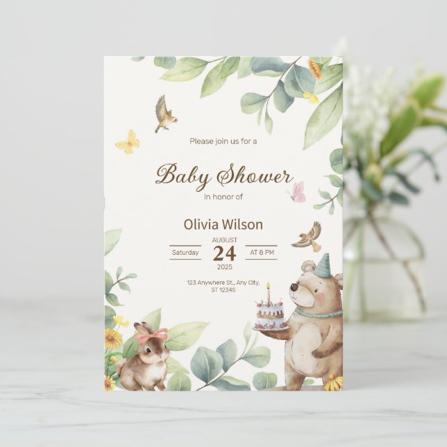 Invitation Illustrer le Baby shower des oiseaux verts et blan (Debout devant)