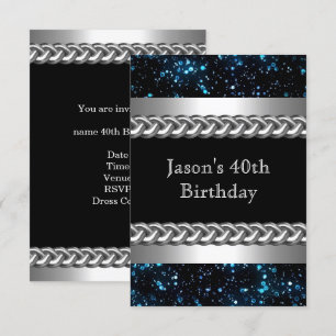 Invitation Image bleu métal chrome argent pour fête d'anniver