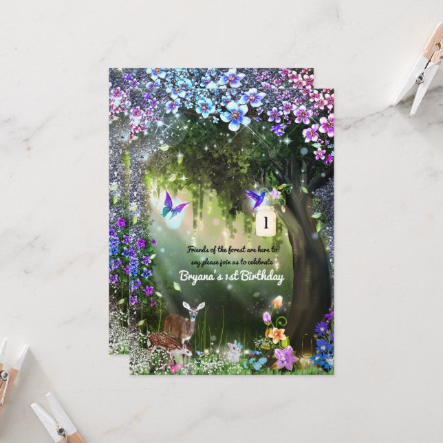 Invitation Imaginaire bois forêt animaux enchantés fête dans (Devant/Arrière en situation)