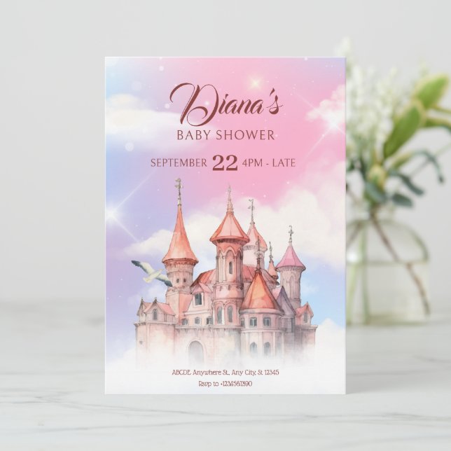Invitation imaginaire château de conte de fées baby shower (Debout devant)