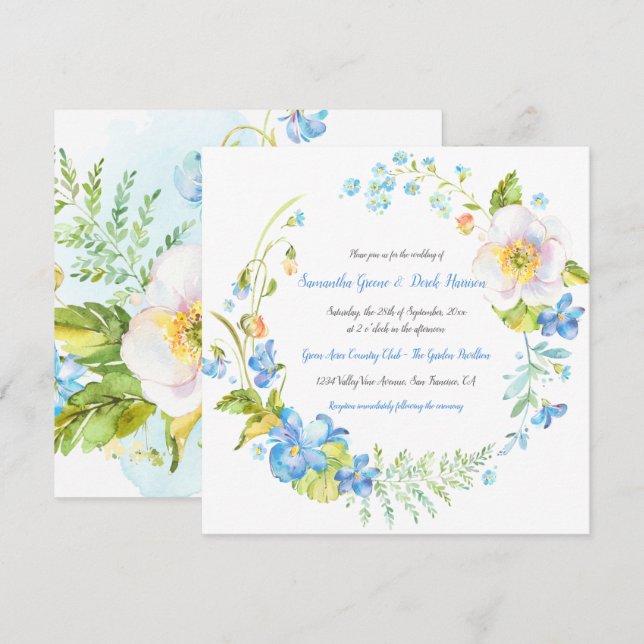 Invitation Imaginaire floral bleu et blanc Mariage de couronn (Devant / Derrière)