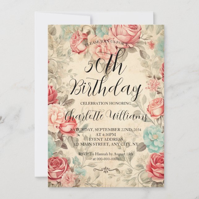 Invitation Imaginaire Florals Femmes 50e anniversaire (Devant)