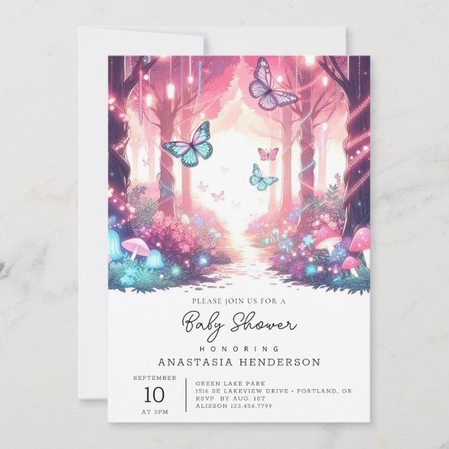 Invitation Imaginaire moderne Baby shower forestier enchanté (Devant)