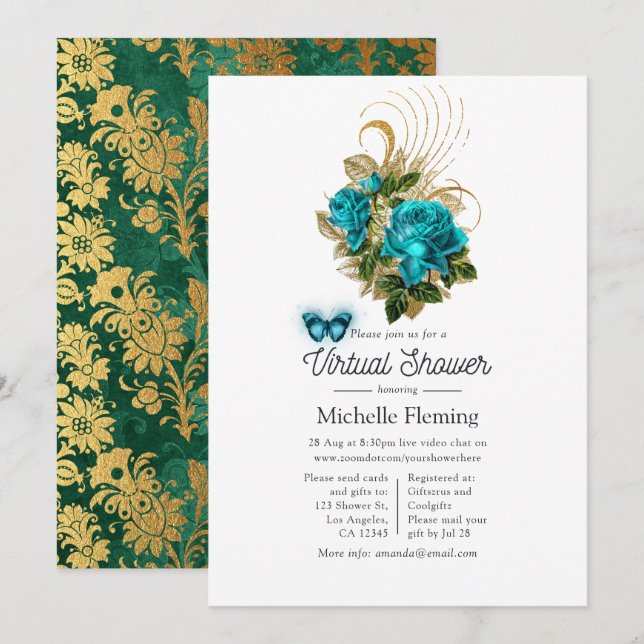 Invitation Imaginaire Turquoise et Gold Douche virtuelle (Devant / Derrière)