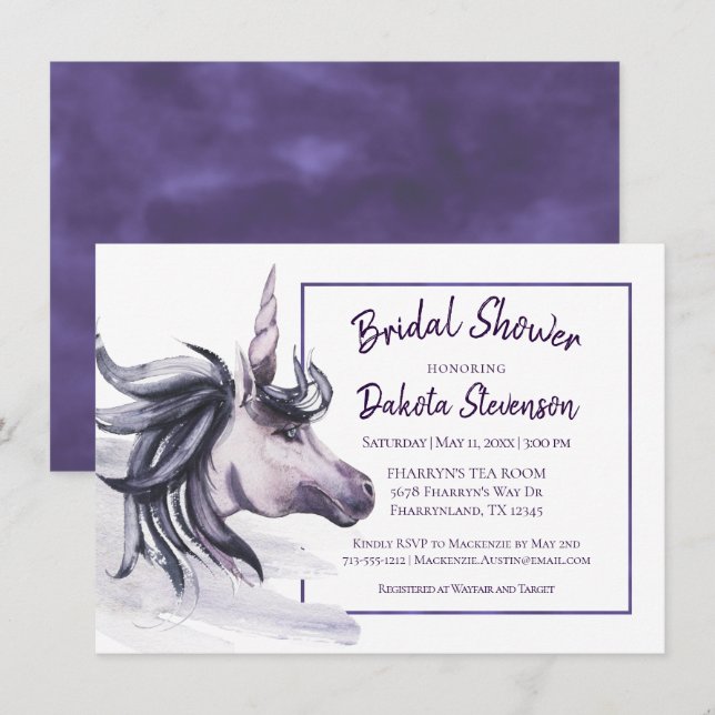 Invitation Imaginaire Unicorn | Douche Magique couleur violet (Devant / Derrière)