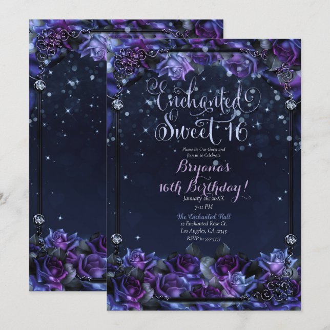 Invitation Imaginaire violet enchanté Roses 16e Sweet 16 Part (Devant / Derrière)