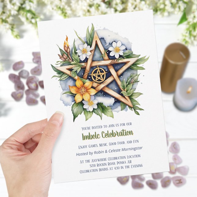 Invitation Imboly Floral Snowy Pentacle Wiccan Holiday (Imbolc Floral Snowy Pentacle Wiccan Holiday Invitation)