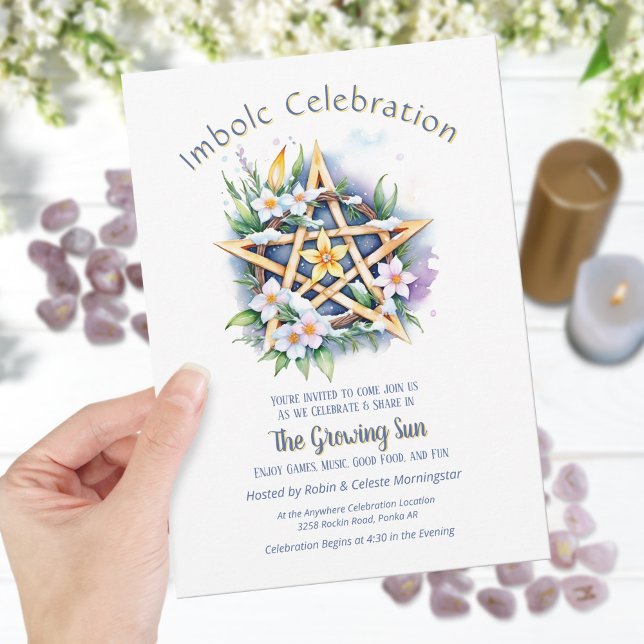 Invitation Imboly Floral Snowy Pentacle Wiccan Holiday (Imbolc Floral Snowy Pentacle Wiccan Holiday Invitation)