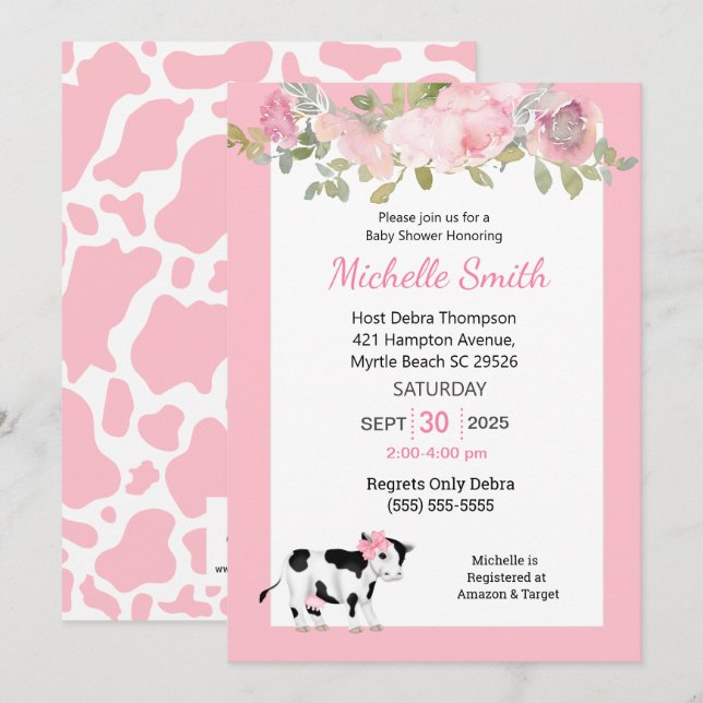 Invitation Impression de vache moderne et Baby shower floral  (Devant / Derrière)