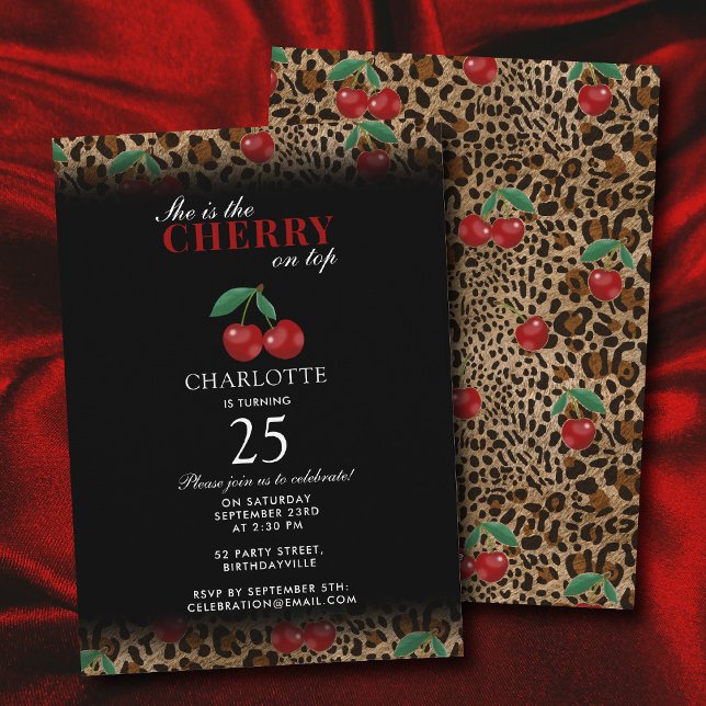 Invitation Impression léopard guépard cerise sur gâteau d'ann (Leopard Cheetah Print Cherry On Top Birthday Invitation)