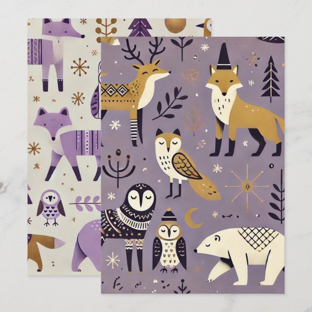 Invitation Imprimable Purple & Or Animaux Scandinaves (Devant / Derrière)