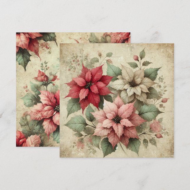 Invitation Imprimable Shabby Chic Linen Poinsettias Scrapbook (Devant / Derrière)