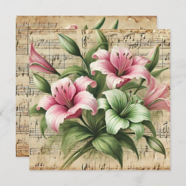 Invitation Imprimable Vintage Pink & Green Lilies (Devant / Derrière)