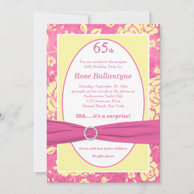 Invitation IMPRIMÉ RIBBON rose Jaune 65e anniversa (Devant)