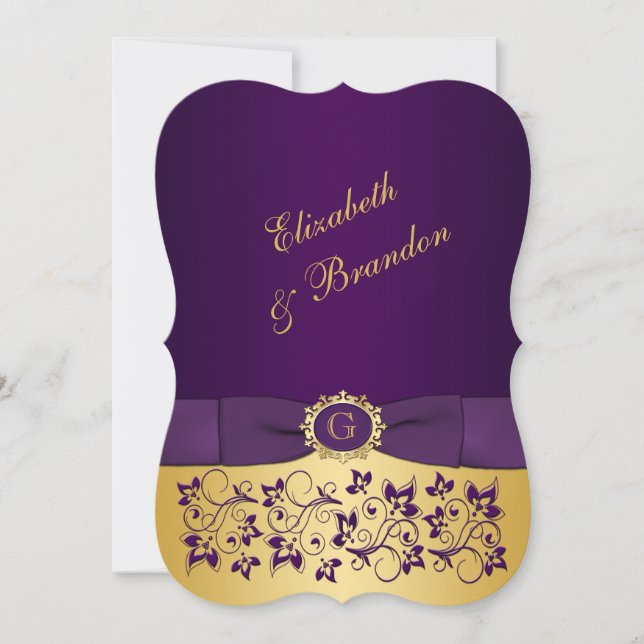 Invitation IMPRIMÉE BOW Purple, Gold Floral Wedding Invitatio (Devant)