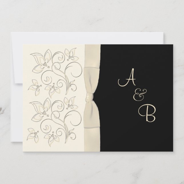 Invitation IMPRIMÉE RIBBON Ivory Black Monogramme de mariage  (Devant)