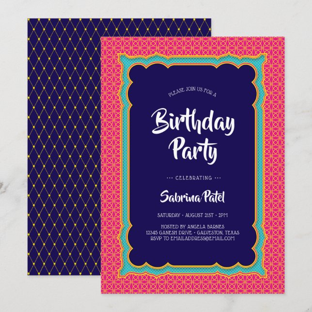 Invitation Inde Motif fête d'anniversaire 1 (Devant / Derrière)