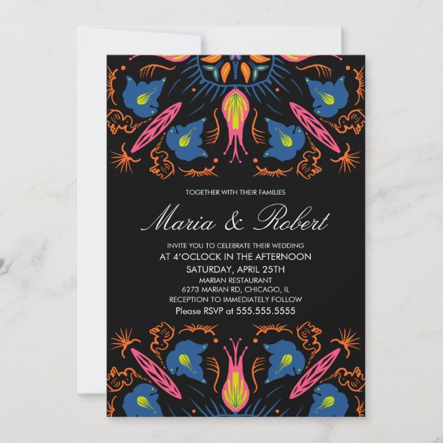 Invitation Inde Thème Mariage Eléphant Floral Noir (Devant)
