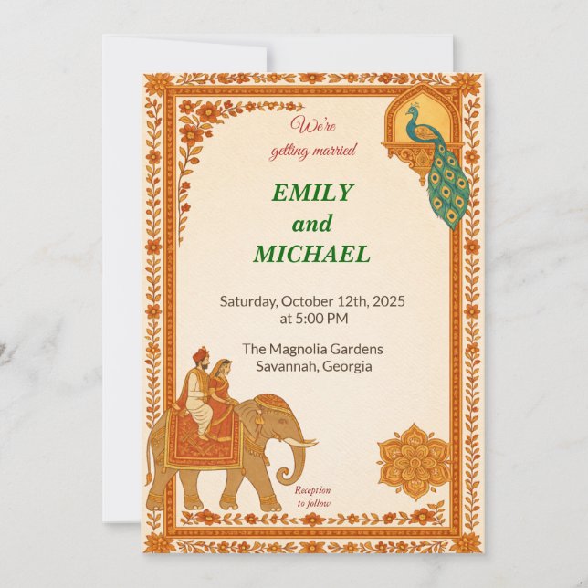 Invitation Indian Elephant & Peacock Floral Wedding Invitatio (Devant)