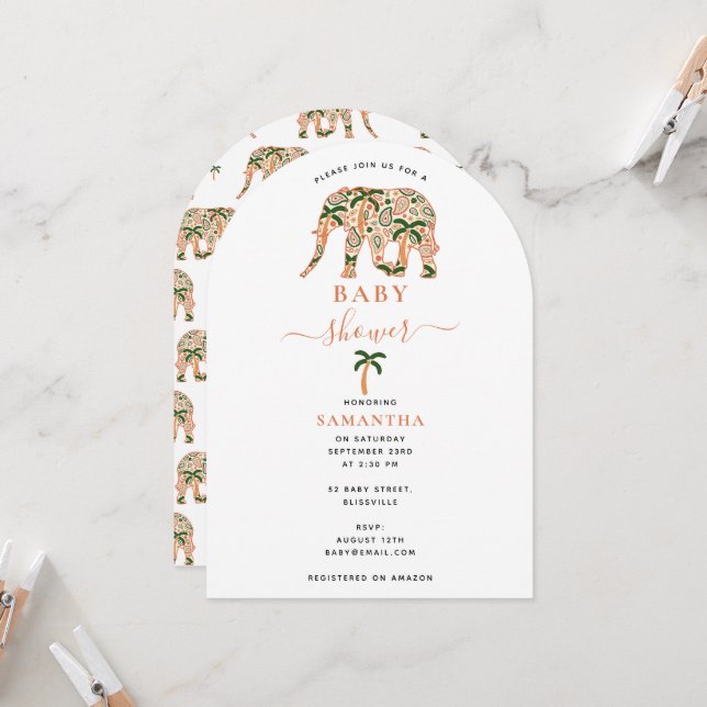 Invitation Indian Paisley Ornate Elephants Baby Shower (Devant/Arrière en situation)