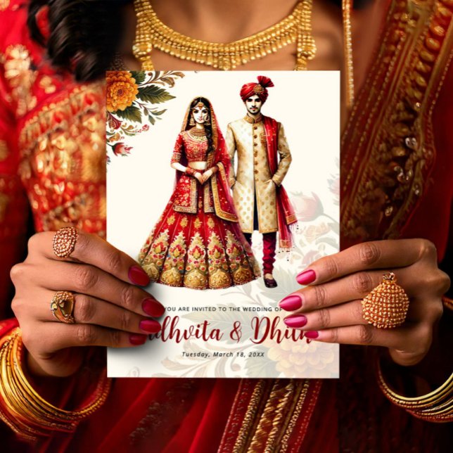 Invitation Indian Wedding with Traditional Bride & Groom (Indian Wedding with Traditional Bride & Groom Invitation, Hindu Wedding Card)