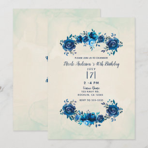 Invitation Indigo Blue Beige Aquarelle Fleurs Anniversaire