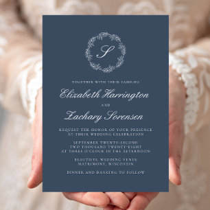Invitation Indigo Blue Monogram Wreath White Script Mariage
