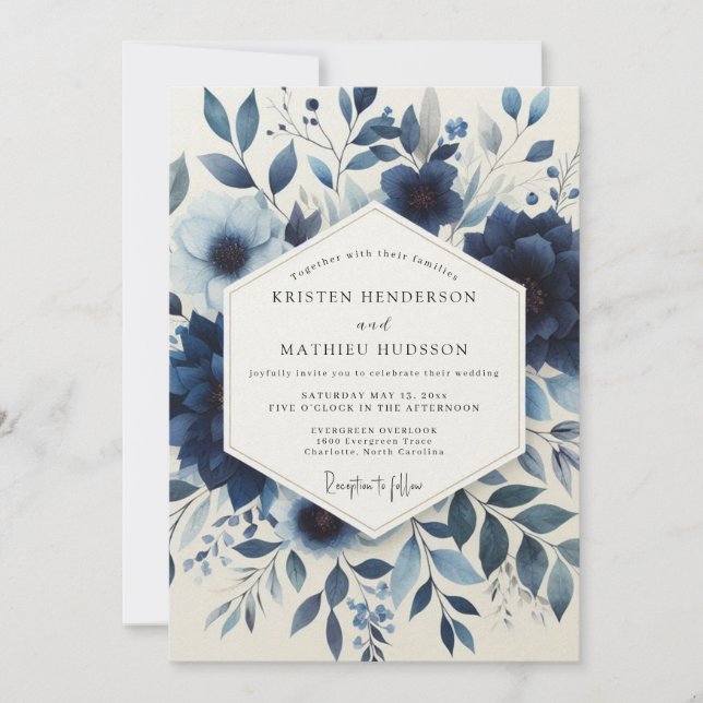 Invitation Indigo Floral Enchantment Wedding (Devant)