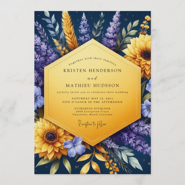 Invitation Indigo Golden Sunflower Wedding (Devant)