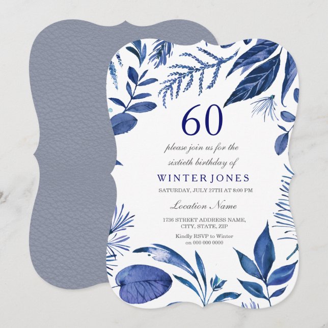 Invitation Indigo Navy Blue Leaf Floral 60e anniversaire Invi (Devant / Derrière)