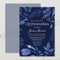 Indigo & Navy Blue Leaf Floral Quinceanera Invitat