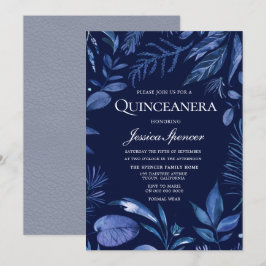 Invitation Indigo & Navy Blue Leaf Floral Quinceanera Invitat