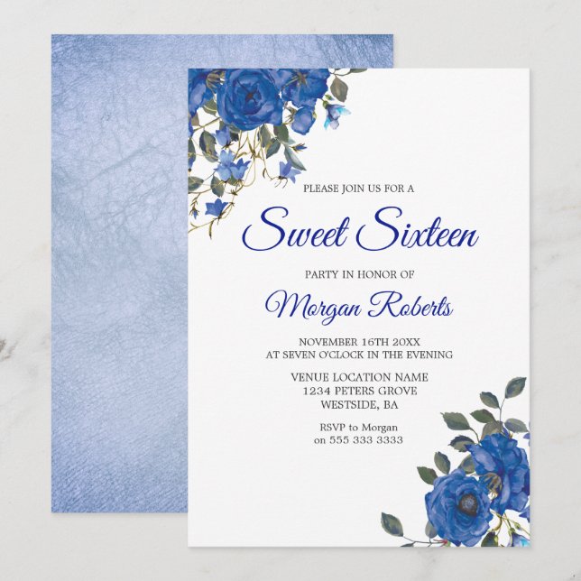 Invitation Indigo Navy Midnight Blue Flowers Sweet 16 Invitat (Devant / Derrière)