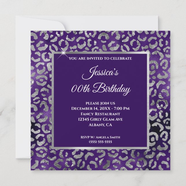 Invitation Indigo Purple et Silver Leopard Foil Anniversaire (Devant)