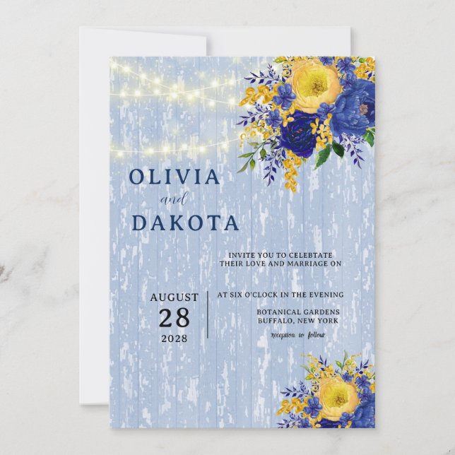 Invitation Indigo Yellow Peony Wood Lights Mariage (Devant)