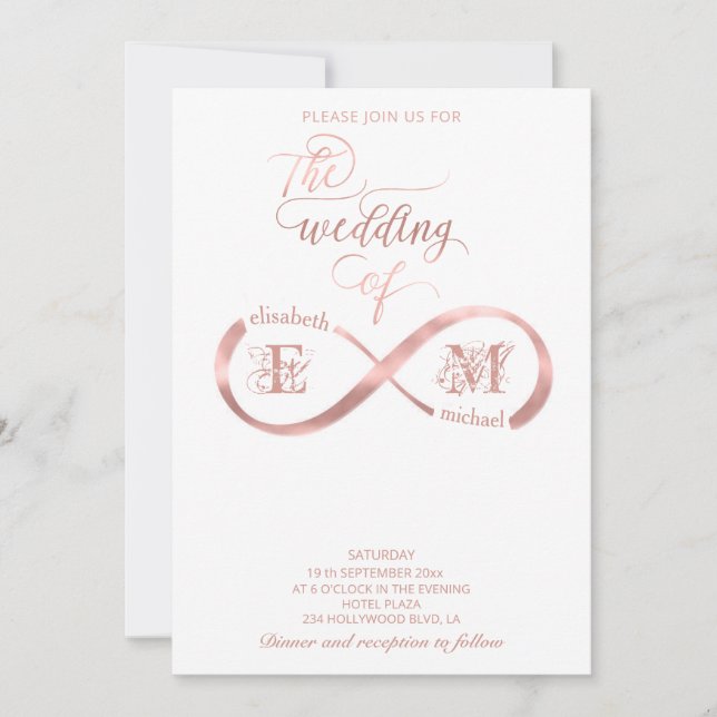 Invitation Infini or rose calligraphie monogramme romantique (Devant)