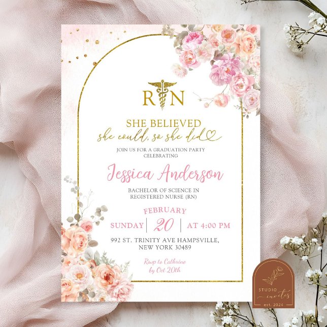 Invitation Infirmière Blush Rose Floral Graduation (Créateur téléchargé)