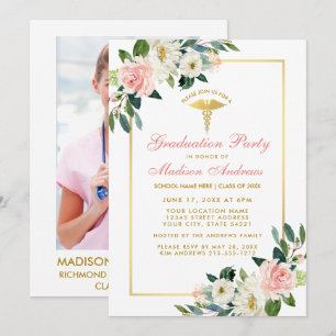Invitation Infirmière de la fête de graduation Pink Gold Phot