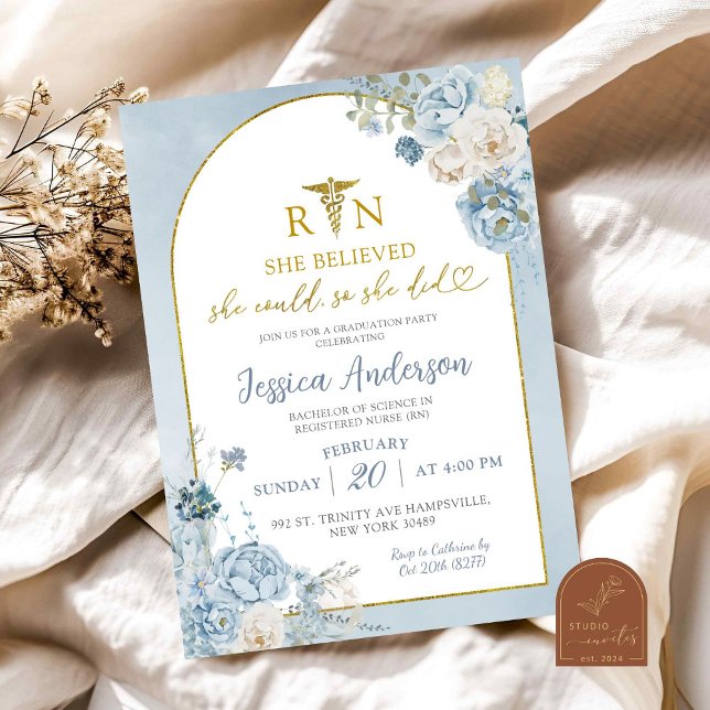 Invitation Infirmière Dusty Blue Floral Graduation (Créateur téléchargé)