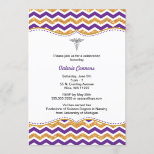Invitation Infirmière en Parties scintillant violet et or BSN
