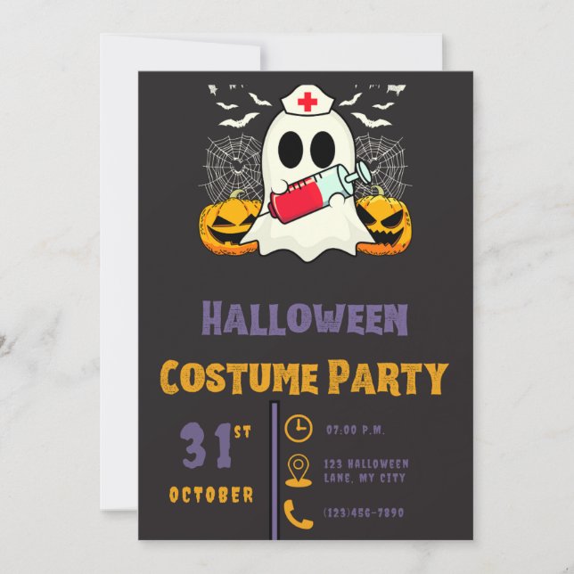 Invitation Infirmière fantôme avec Vile de sang Halloween noi (Devant)